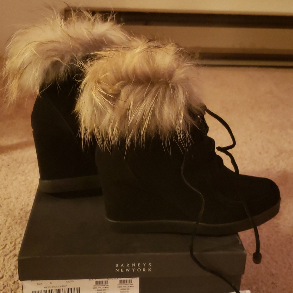 NIB Barney's suede & fox fur black wedge bootie